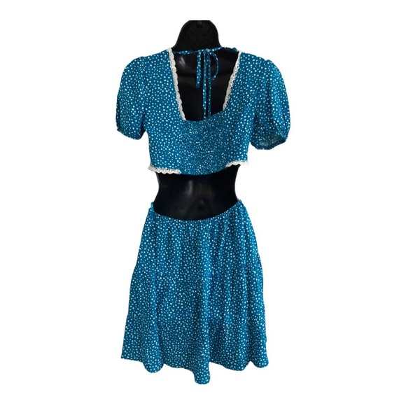 Puff sleeve crochet lace trim open back waist cutout blue teal short dress sizeM - Picture 11 of 14